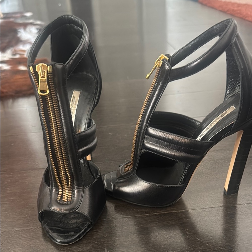 Brian Atwood Black and Gold High-Heeled Sandals
